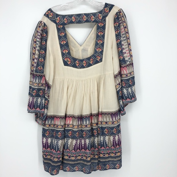 Free People Cream & Blue Patterned Dress V Neck Front Medium - Picture 6 of 7